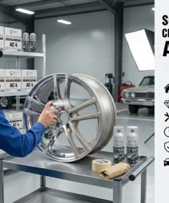 Hình ảnh Sơn Phủ Crom Bạc VCC AC4 trong một ga-ra chuyên nghiệp. Người thợ mặc đồng phục VCC đang sơn phun lớp mạ chrome sáng bóng lên bánh xe hợp kim ô tô. Bên phải là các thông tin về sản phẩm và logo VCC đầy đủ màu ở góc trên bên trái.