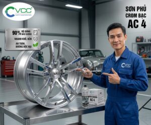 Thợ kỹ thuật đang thi công xịt sơn phủ Crom bạc AC 4 lên vành bánh xe ô tô tạo hiệu ứng gương sáng bóng 90% tại xưởng.