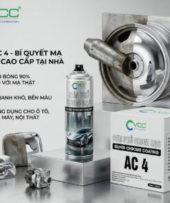Ảnh Sơn phủ Crom bạc AC 4 của VCC bao gồm chai xịt, thùng sản phẩm và các linh kiện ô tô được mạ gương sáng bóng 90% so với mạ thật.