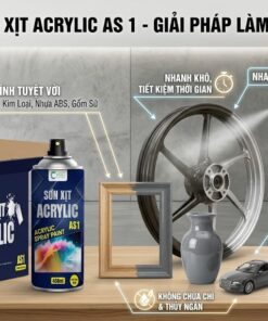 Hình ảnh tổng hợp các ứng dụng của sơn xịt Acrylic AS 1 thương hiệu VCC trên vành xe, đồ gỗ, bình gốm sứ và mô hình ô tô, thể hiện khả năng bám dính đa năng và nhanh khô.