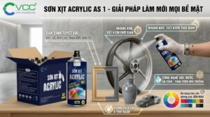 Hình ảnh tổng hợp các ứng dụng của sơn xịt Acrylic AS 1 thương hiệu VCC trên vành xe, đồ gỗ, bình gốm sứ và mô hình ô tô, thể hiện khả năng bám dính đa năng và nhanh khô.