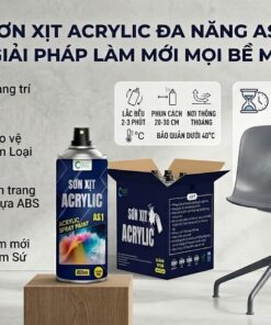 Hình ảnh Sơn xịt Acrylic Đa Năng AS 1 của VCC Sealant, minh họa khả năng tân trang và làm mới trên nhiều bề mặt khác nhau như Gỗ, Kim Loại, Nhựa ABS và Gốm Sứ. Hình ảnh bao gồm người đang sử dụng sơn, can và thùng sản phẩm AS 1, cùng các infographic hướng dẫn nhanh khô và kháng thời tiết.