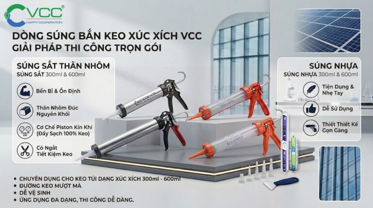 Bộ Sản Phẩm Súng Bắn Keo Xúc Xích Vcc Chuyên Dụng Cho Các Loại Túi Keo Dạng Xúc Xích Dung Tích 300ml Và 600ml Hình ảnh Trưng Bày Các Loại Súng Sắt Thân Nhôm Màu Bạc nổi Bật Với độ Bền Cao Piston Kín Khí Cò Ngắt Tiết Kiệm Keo Và Súng Nhựa Màu Cam tiện Dụng Nhẹ Tay Có Hai Túi Keo Xúc Xích Vỏ Xanh Và Các Phụ Kiện Vòi Phun Keo Dao Cạo Keo Có Logo Vcc Bối Cảnh Không Gian Hiện đại Với Vách Kính Nhà Cao Tầng Và Tấm Pin Năng Lượng Mặt Trời Văn Bản Trong ảnh Ghi dÒng SÚng BẮn Keo XÚc XÍch Vcc   GiẢi PhÁp Thi CÔng HiỆu QuẢ  Vcc Sealant   Sản Xuất Phân Phối Keo Silicone Và Chất Kết Dính Chuyên Nghiệp