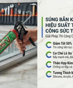 Hình ảnh thợ chuyên nghiệp đang thi công bằng súng bắn keo trợ lực VCC kết hợp ống keo silicone VCC A500. Banner hiển thị 4 ưu điểm: giảm 50% lực bóp, cơ chế lò xo thông minh, thân hợp kim siêu bền và tương thích mọi loại ống keo 300ml.