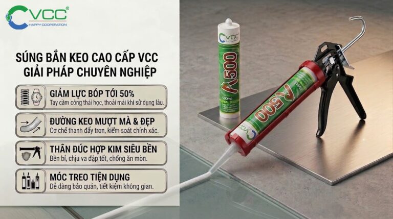 Súng Bắn Keo Trợ Lực Vcc Cao Cấp Và Keo Silicone Vcc A500 Plus Trong Bối Cảnh Studio Chuyên Nghiệp Làm Nổi Bật Tính Năng Giảm 50 Lực Bóp Và Thân Hợp Kim Siêu Bền  Vcc Sealant   Sản Xuất Phân Phối Keo Silicone Và Chất Kết Dính Chuyên Nghiệp
