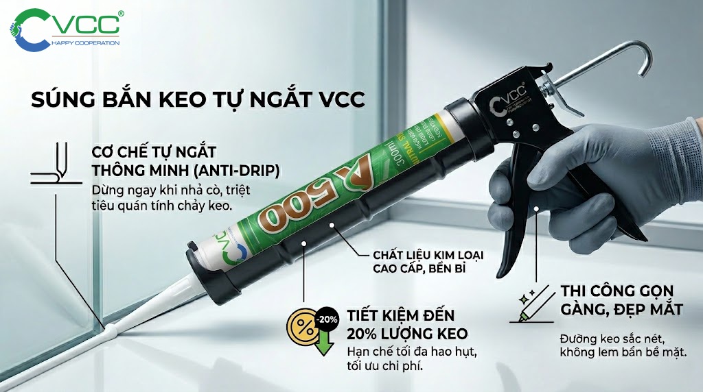 Súng bắn keo tự ngắt VCC kết hợp Keo Silicone trung tính VCC A500 chuyên nghiệp. » VCC Sealant - Sản xuất, phân phối keo silicone và chất kết dính chuyên nghiệp Súng Bắn Keo Tự Ngắt Vcc đang Sử Dụng Cùng Chai Keo Silicone Vcc A500 Hiển Thị Cơ Chế Chống Chảy Keo Anti drip Giúp Tiết Kiệm 20 Vật Tư Và Thi Công đường Keo Sắc Nét