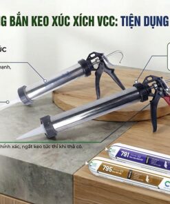 Ảnh infographic súng bắn keo xúc xích VCC nhôm đúc nguyên khối, piston kín khí, cò ngắt tự động, trưng bày cùng các túi keo VCC 791, VCC 795, VCC A500, VCC 803 VCC A600 và PVSOLARSIL 1K trên nền studio chuyên nghiệp.