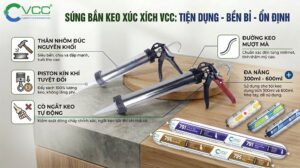 Ảnh infographic súng bắn keo xúc xích VCC nhôm đúc nguyên khối, piston kín khí, cò ngắt tự động, trưng bày cùng các túi keo VCC 791, VCC 795, VCC A500, VCC 803 VCC A600 và PVSOLARSIL 1K trên nền studio chuyên nghiệp.