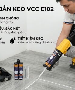 Người thợ sử dụng súng điện bắn keo VCC E102 thi công đường ron gạch sắc nét với keo epoxy 2 thành phần, đi kèm bộ pin 21V và hộp phụ kiện chính hãng VCC.
