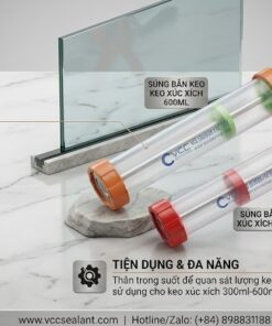 Ảnh Súng Bắn Keo Xúc Xích Vcc 300ml Và 600ml Hiển Thị Logo Vcc Hai Khẩu Súng Bắn Keo Và Các Khối Văn Bản Liệt Kê Các Tính Năng Như đẩy Sạch Keo 100 đường Keo Chuẩn Xác Và Tính đa Năng Cho Các Túi Keo Phía Sau Súng Là Nền Studio Sạch Sẽ Với Sàn Bê Tông  Vcc Sealant   Sản Xuất Phân Phối Keo Silicone Và Chất Kết Dính Chuyên Nghiệp