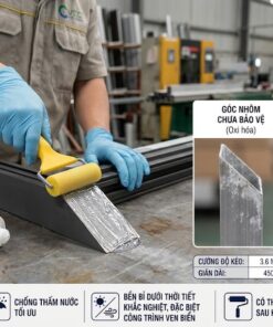 Thợ thi công đang sử dụng con lăn để quét keo VCC V868 lên mặt cắt khung nhôm, giúp chống ăn mòn điện hóa với cường độ kéo 3.6 MPa và độ giãn dài 450%.