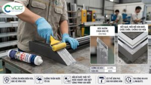 Thợ thi công đang sử dụng con lăn để quét keo VCC V868 lên mặt cắt khung nhôm, giúp chống ăn mòn điện hóa với cường độ kéo 3.6 MPa và độ giãn dài 450%.