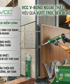 keo dán xây dựng ngoại thất VCC V-Bond cho công trình. Người thợ đang bắn keo màu trắng để dán tấm facade hiện đại, minh họa các ưu điểm: lực dính mạnh, kháng nước, chịu nhiệt, thân thiện môi trường. Sản phẩm đạt tiêu chuẩn ISO.