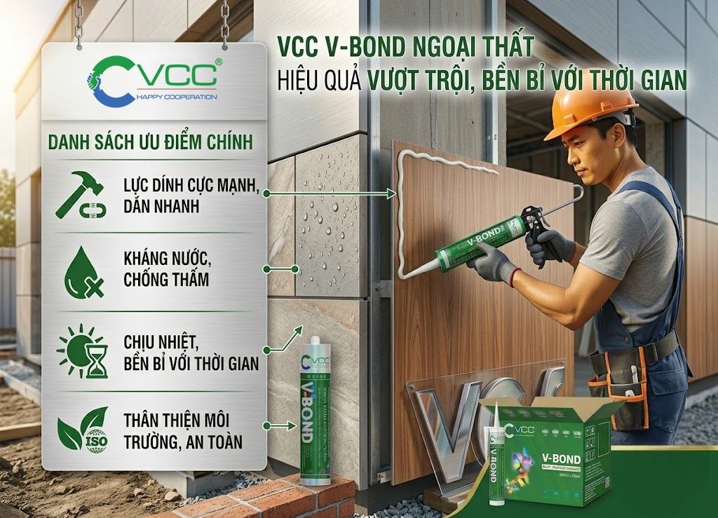 Keo dán xây dựng VCC V-Bond Ngoại Thất - Giải pháp siêu bền cho công trình » VCC Sealant - Sản xuất, phân phối keo silicone và chất kết dính chuyên nghiệp Keo Dán Xây Dựng Ngoại Thất Vcc V bond Cho Công Trình Người Thợ đang Bắn Keo Màu Trắng để Dán Tấm Facade Hiện đại Minh Họa Các ưu điểm Lực Dính Mạnh Kháng Nước Chịu Nhiệt Thân Thiện Môi Trường Sản Phẩm đạt Tiêu Chuẩn Iso