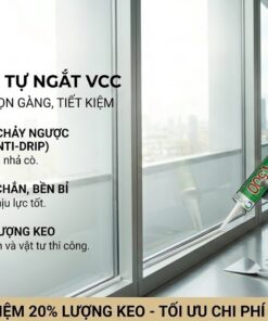 Thợ thi công sử dụng súng bắn keo tự ngắt VCC kết hợp keo silicone A500 để bắn ron cửa kính, giúp tiết kiệm 20% lượng keo và chống chảy ngược.
