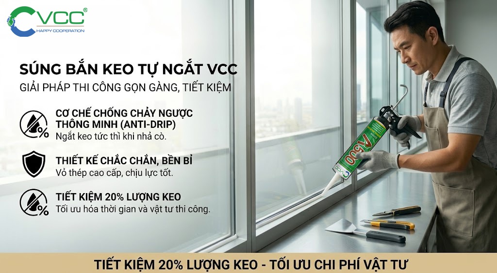 Súng bắn keo tự ngắt VCC - Giải pháp thi công chuyên nghiệp. » VCC Sealant - Sản xuất, phân phối keo silicone và chất kết dính chuyên nghiệp Thợ Thi Công Sử Dụng Súng Bắn Keo Tự Ngắt Vcc Kết Hợp Keo Silicone A500 để Bắn Ron Cửa Kính Giúp Tiết Kiệm 20 Lượng Keo Và Chống Chảy Ngược