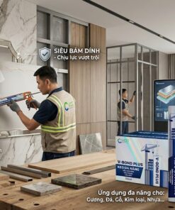 Thợ thi công mặc đồng phục VCC đang sử dụng keo V-Bond Plus để dán gương trang trí lên vách đá marble, minh họa đặc tính siêu bám dính và siêu trong của keo dán đa năng V-Bond Plus.