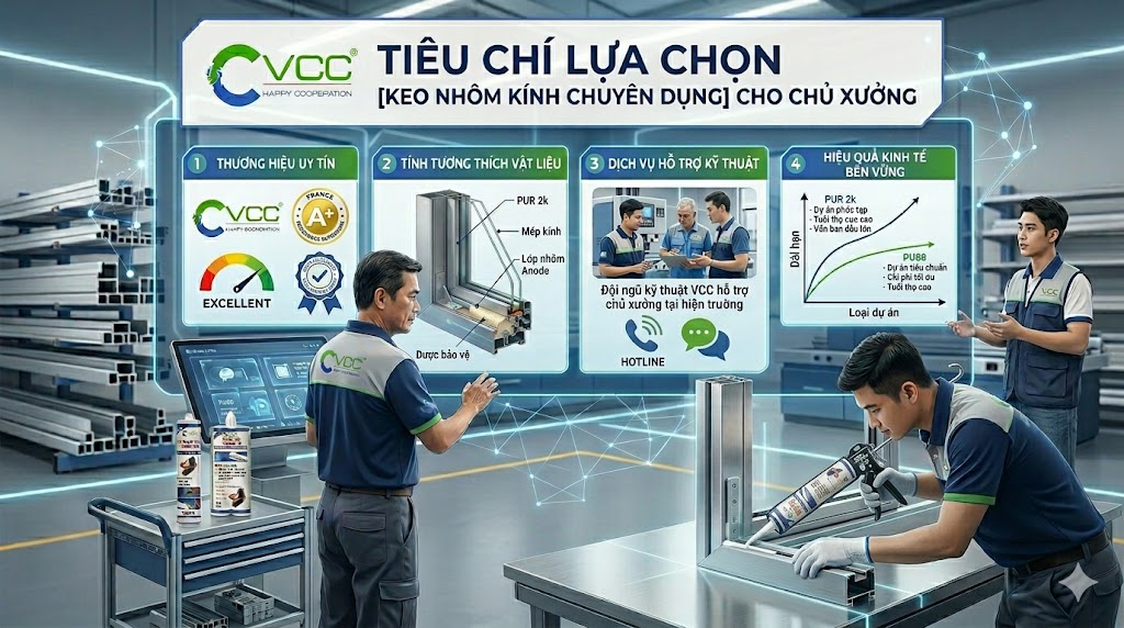 Infographic Hướng Dẫn Tiêu Chí Chọn Keo Nhôm Kính Chuyên Dụng Cho Chủ Xưởng Bao Gồm Thương Hiệu Uy Tín đạt Chứng Chỉ A+ Tính Tương Thích Vật Liệu Hỗ Trợ Kỹ Thuật Từ Vcc Và Hiệu Quả Kinh Tế Của Keo Pu88 Pur 2k