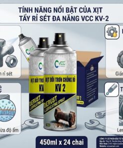 Infographic 4 tính năng nổi bật của xịt tẩy rỉ sét đa năng VCC KV-2: Tẩy gỉ cấp tốc 1-5 phút, bôi trơn giảm ma sát, tạo màng bảo vệ chống oxy hóa và thẩm thấu sâu vào khe hẹp máy móc.