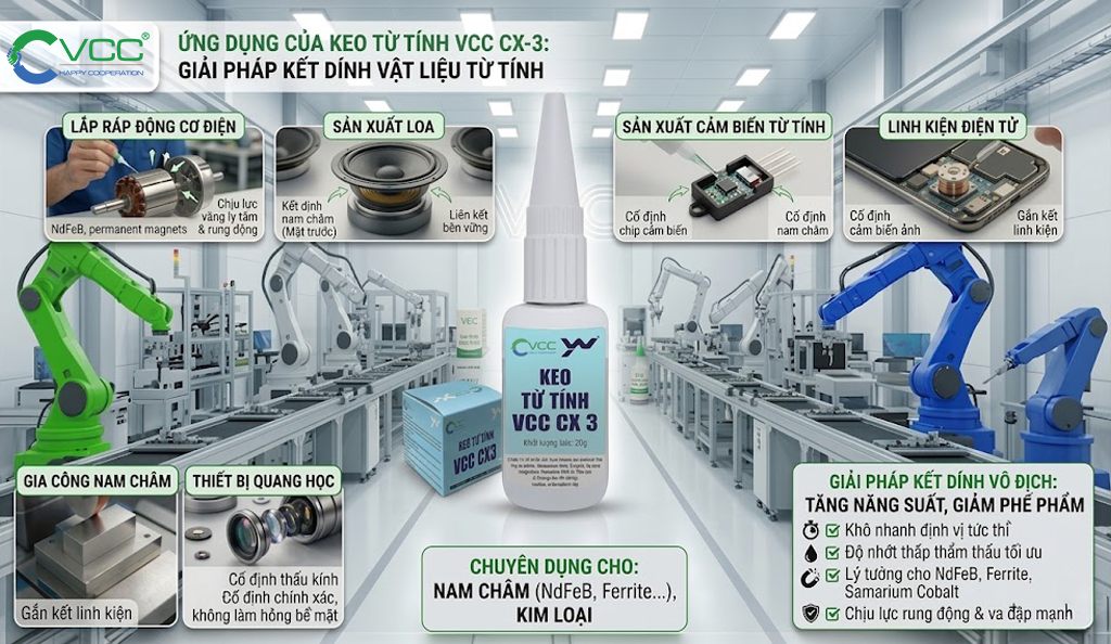 Tổng hợp các ứng dụng thực tế của Keo từ tính VCC CX-3 » VCC Sealant - Sản xuất, phân phối keo silicone và chất kết dính chuyên nghiệp Infographic Các ứng Dụng Của Keo Từ Tính Vcc Cx 3 Trong Lắp Ráp Motor điện Sản Xuất Loa Cảm Biến Từ Tính Linh Kiện điện Tử Thiết Bị Quang Học Và Gia Công Nam Châm Vcc Sealant Sản Xuất Phân Phối Keo Silicone Và Chất Kết Dính Chuyên Nghiệp