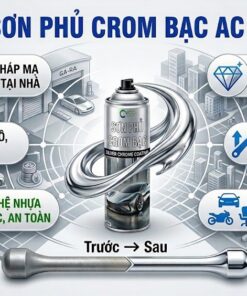 Infographic giới thiệu sơn phủ crom bạc AC 4 của VCC với 6 tính năng chính: mạ crom tại nhà, độ bóng 90%, nhanh khô, thay thế xi mạ, công nghệ nhựa gốc nước an toàn và ứng dụng đa năng.