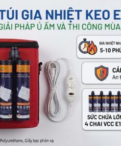 Túi gia nhiệt keo epoxy VCC màu đỏ chuyên dụng đựng 4 chai keo E102, tích hợp dây cắm điện điều chỉnh nhiệt độ và cảm biến an toàn.