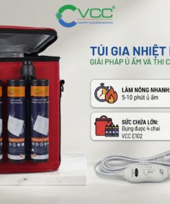 Túi gia nhiệt keo epoxy VCC màu đỏ chứa 4 chai keo E102 kèm bộ dây cắm điện điều chỉnh nhiệt độ, giải pháp ủ ấm keo chít mạch trong mùa đông.