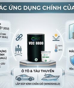 Ảnh 5 ứng dụng của keo silicone trung tính 2 thành phần VCC 8800, bao gồm kính hộp, kính mặt dựng, vách đá, ô tô và mái kính ngoài trời, cùng thông tin chịu lực, nhiệt và tia UV.