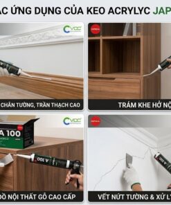 Hình ảnh tổng hợp bốn bảng thể hiện các ứng dụng khác nhau của keo JAPSEAL A100 VCC SEALANT. Bảng 1: Bắn keo khung cửa kính. Bảng 2: Chít keo mép bồn tắm. Bảng 3: Dán keo tủ gỗ. Bảng 4: Trám keo vết nứt trần thạch cao. Văn bản hiển thị các tiêu đề ứng dụng.
