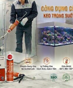 Ảnh tổng hợp giới thiệu Keo Silicone Japseal A300. Bên trái: logo VCC và cảnh thợ thi công cabin tắm kính. Trung tâm: thùng hàng và chai keo Japseal A300 trên sàn. Bên phải: tiêu đề 'CÔNG DỤNG CỦA JAPSEAL A300' và cảnh minh họa bể cá, vách kính văn phòng. Dưới: các icon tính năng và logo chứng nhận ISO, EN 15651-1, A+