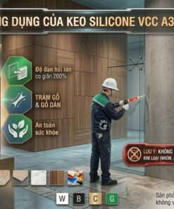 Infographic ngang 16:9 mô tả ứng dụng keo silicone VCC A300 nhãn đỏ trong thi công dán bể cá lớn, mái kính, vách kính phòng tắm frameless và tủ trưng bày cao cấp. Hình ảnh người thợ đang dán kính mặt dựng hiện đại. Thông số độ dãn dài 200%, bám dính 0.6 MPa, kháng UV và chịu nhiệt. Có cảnh báo đỏ không dùng cho kim loại.