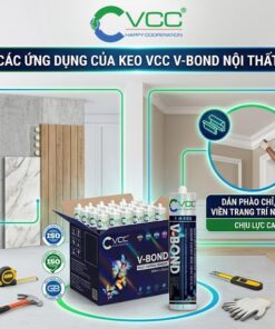 Infographic chi tiết về ứng dụng của Keo dán xây dựng VCC V-Bond nội thất. Hình ảnh mô tả các hạng mục: dán gương kính không ăn mòn lớp thủy ngân, gắn tấm ốp tường gỗ đá nhựa PVC, dán phào chỉ nẹp trang trí chịu lực cao, dán bảng quảng cáo banner và khả năng bám dính siêu cấp trên nhiều bề mặt vật liệu như nhôm, thép, gạch, bê tông.