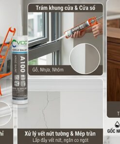 Một Infographic Studio Chuyên Nghiệp Hiển Thị Các ứng Dụng Của Keo Acrylic Vcc A100 Góc Trên Bên Trái Là Logo Vcc Ở Trung Tâm Là Chai Keo A100 đứng Cạnh Súng Bắn Keo Cam Bốn ô Minh Họa Chi Tiết Với Văn Bản Tiếng Việt Trám Khung Cửa Gỗnhựa Mối Nối đồ Gỗ Nội Thất Phào Chỉ Thạch Cao Xử Lý Vết Nứt Tường Hình ảnh Thể Hiện Hành động Trám Trét Thực Tế Và Kết Quả Mịn Màng Sau Khi Sơn  Vcc Sealant   Sản Xuất Phân Phối Keo Silicone Và Chất Kết Dính Chuyên Nghiệp