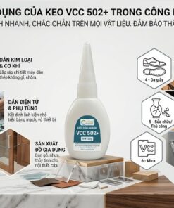 Infographic tổng hợp các ứng dụng của keo VCC 502+ bao gồm: dán kim loại cơ khí, linh kiện điện tử, sản xuất đồ gỗ nội thất, sửa chữa giày da, đồ thủ công mỹ nghệ và đặc biệt là dán chữ mica không bị ố trắng.