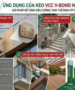 Các ứng dụng thực tế của keo VCC V-Bond Ngoại thất trong thi công ốp đá, vách ngăn và biển hiệu quảng cáo ngoài trời.