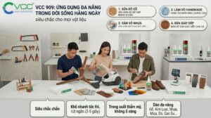 Infographic mô tả 4 ứng dụng của keo dán đa năng VCC 909: sửa đồ gỗ nội thất, gắn vỏ nhựa thiết bị gia đình, làm đồ handmade mica acrylic và sửa giày dép da cao su.