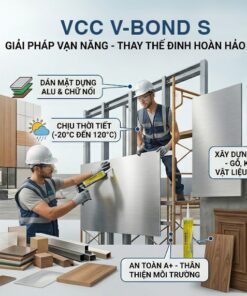 Một infographic ngang về keo dán VCC V-Bond S. Bên trái, công nhân trên giàn giáo đang ốp tấm Alu và dán chữ nổi VCC cho biển quảng cáo lớn ngoài trời. Bên phải, công nhân đang thi công nội thất, dán các tấm vật liệu trang trí gỗ và kim loại lên tường. Các chú thích văn bản chỉ vào các hành động và đặc tính: Ứng dụng của VCC V-Bond S, Thay thế đinh hoàn hảo, Bám dính siêu cường, Chịu thời tiết (-20°C đến 120°C), Khô nhanh (15-20 phút), An toàn A+, Thân thiện môi trường. Trưng bày tube keo vàng và thùng V-Bond S cùng các mẫu vật liệu.