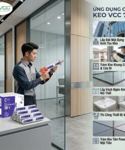 Kỹ thuật viên đang sử dụng súng bắn keo xúc xích thi công vách ngăn kính văn phòng bằng keo VCC 791. Hình ảnh minh họa 5 ứng dụng: lắp đặt mặt dựng kính tòa nhà, trám khe cửa sổ cửa đi, lắp vách ngăn nội thất, thi công thiết bị vệ sinh và tấm panel nhôm mặt tiền.