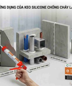 Mô phỏng ứng dụng keo silicone chống cháy lan VCC V101: lắp đặt cửa chống cháy, trám khe kỹ thuật M&E, bịt kín khe nối kết cấu và kết hợp với Foam B1.