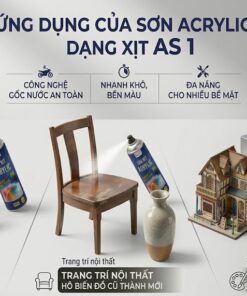 Hình ảnh tổng hợp các ứng dụng của sơn xịt Acrylic AS 1 trên vành xe máy, ghế gỗ nội thất, bình gốm sứ và các mô hình thủ công mỹ nghệ, thể hiện tính đa năng và độ bám dính tốt của sản phẩm VCC.