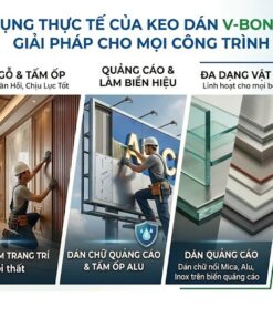 Infographic tổng hợp 4 ứng dụng thực tế của keo V-Bond Plus: dán gương siêu trong, ốp gỗ nội thất trang trí, thi công biển hiệu quảng cáo chữ nổi và dán liên kết đa dạng vật liệu kính, kim loại.