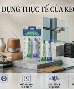Bức ảnh infographic minh họa các ứng dụng của keo AB VCC 302 trong đời sống và công nghiệp, bao gồm dán kính kim loại, sửa chữa máy móc, đồ thủ công và đồ gia dụng, dán mica, nhựa cứng chịu va đập.
