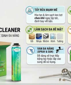 Infographic tổng hợp 6 ưu điểm của VCC PU Foam Cleaner bao gồm tẩy rửa mạnh mẽ bọt nở chưa khô, vệ sinh súng bắn keo, làm sạch đa bề mặt và thiết kế bình xịt 500ml tiện lợi.