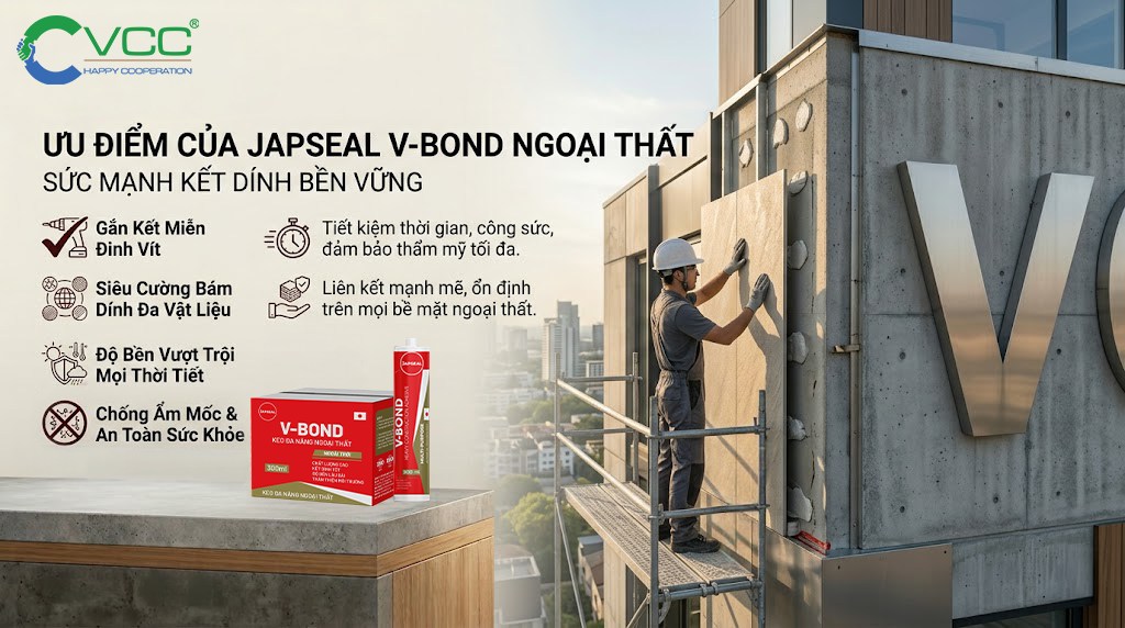 Ưu điểm vượt trội của keo VCC V-Bond Ngoại thất » VCC Sealant - Sản xuất, phân phối keo silicone và chất kết dính chuyên nghiệp Ưu điểm Keo Dán đa Năng Japseal V bond Ngoại Thất Siêu Cường Bám Dính Bền Thời Tiết Thay Thế đinh Vít Và an Toàn Sức Khỏe Vcc Sealant Sản Xuất Phân Phối Keo Silicone Và Chất Kết Dính Chuyên Nghiệp
