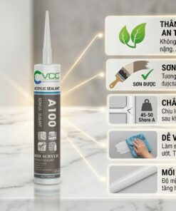 Ảnh đồ Họa ưu điểm Keo Acrylic Vcc A100 Gốc Nước an Toàn Sơn Phủ được độ Bền 45 50 Shore A Dễ Vệ Sinh Và Mối Nối Thẩm Mỹ Hình ảnh Có Logo Vcc Và Chai Keo A100 đặt Trên Nền đá Cẩm Thạch  Vcc Sealant   Sản Xuất Phân Phối Keo Silicone Và Chất Kết Dính Chuyên Nghiệp