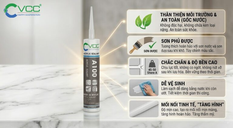 Ảnh đồ Họa ưu điểm Keo Acrylic Vcc A100 Gốc Nước an Toàn Sơn Phủ được độ Bền 45 50 Shore A Dễ Vệ Sinh Và Mối Nối Thẩm Mỹ Hình ảnh Có Logo Vcc Và Chai Keo A100 đặt Trên Nền đá Cẩm Thạch  Vcc Sealant   Sản Xuất Phân Phối Keo Silicone Và Chất Kết Dính Chuyên Nghiệp