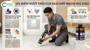 Infographic 4 ưu điểm Keo chít mạch Epoxy VCC E102 gồm chống thấm tuyệt đối, bề mặt bóng mịn men sứ, không co ngót bền màu và chuẩn an toàn VOCs A+.