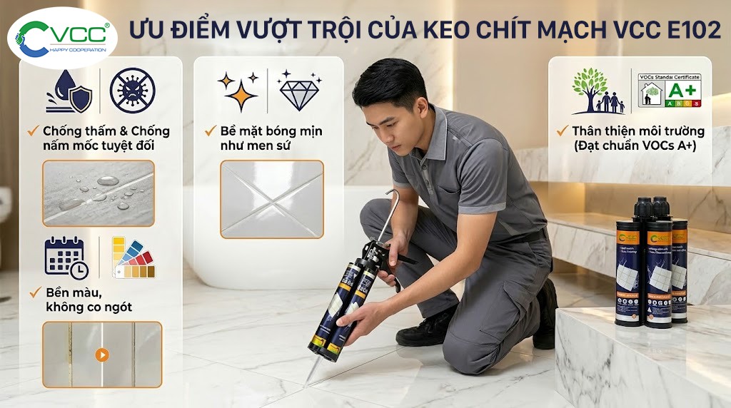 Infographic 4 ưu điểm Keo chít mạch Epoxy VCC E102 gồm chống thấm tuyệt đối, bề mặt bóng mịn men sứ, không co ngót bền màu và chuẩn an toàn VOCs A+.