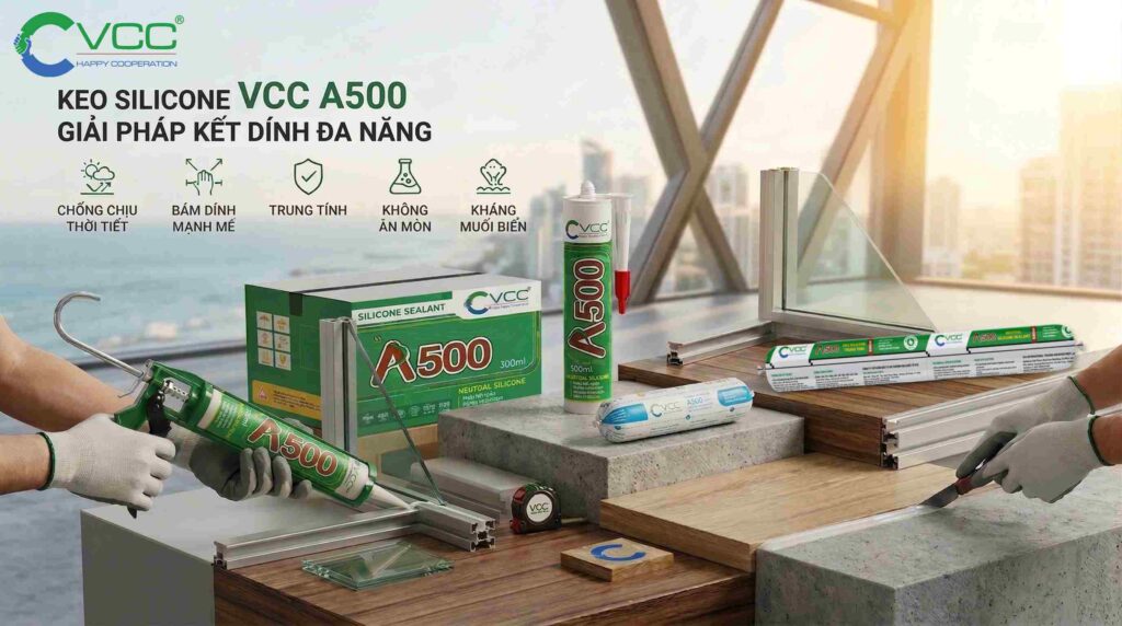 Cảnh ứng Dụng Thực Tế Keo Silicone Vcc A500 Trên Công Trình đa Vật Liệu Nhôm Kính Gỗ Bê Tông Hiển Thị Hai Thợ đang Làm Việc Thùng Sản Phẩm Chai Túi 300ml Và 600ml Cùng 5 Icon Tính Năng