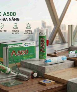 Cảnh ứng dụng thực tế keo Silicone VCC A500 trên công trình đa vật liệu nhôm, kính, gỗ, bê tông. Hiển thị hai thợ đang làm việc, thùng sản phẩm, chai, túi 300ml và 600ml, cùng 5 icon tính năng.